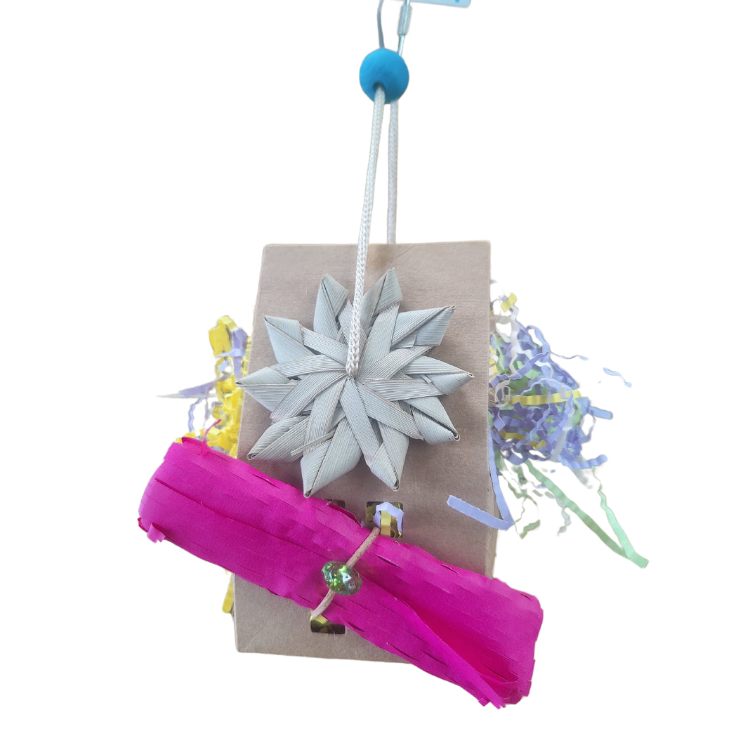 cardboard box house filled with crinkle paper bird toy