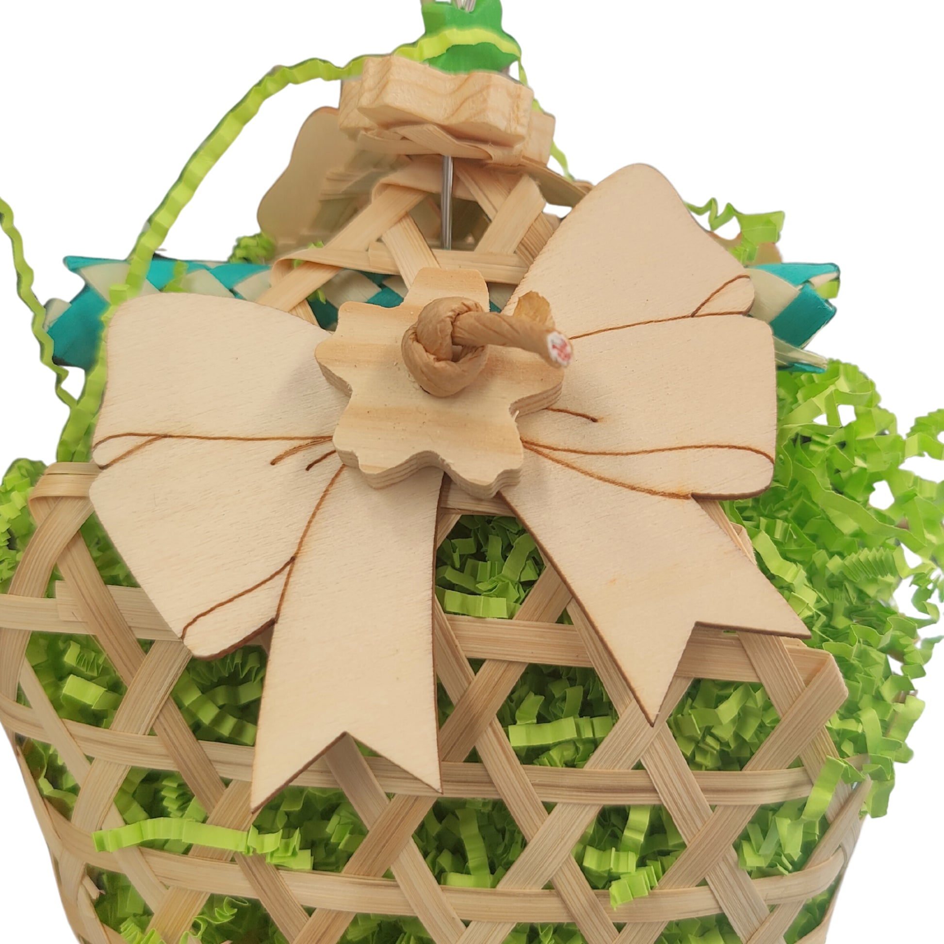 close up of the green basket bird toy
