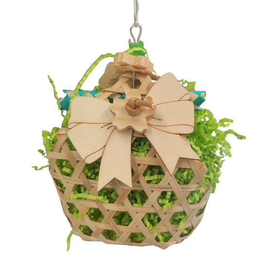  basket with a wood bow and green crinkle paper bird toy
