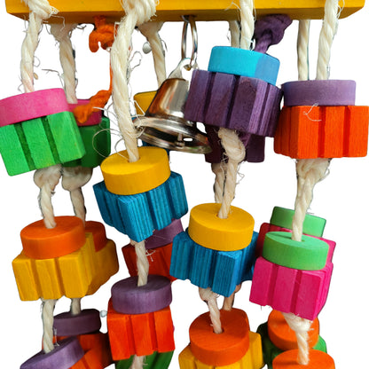 close up of the groovy dangle blocks bird toy