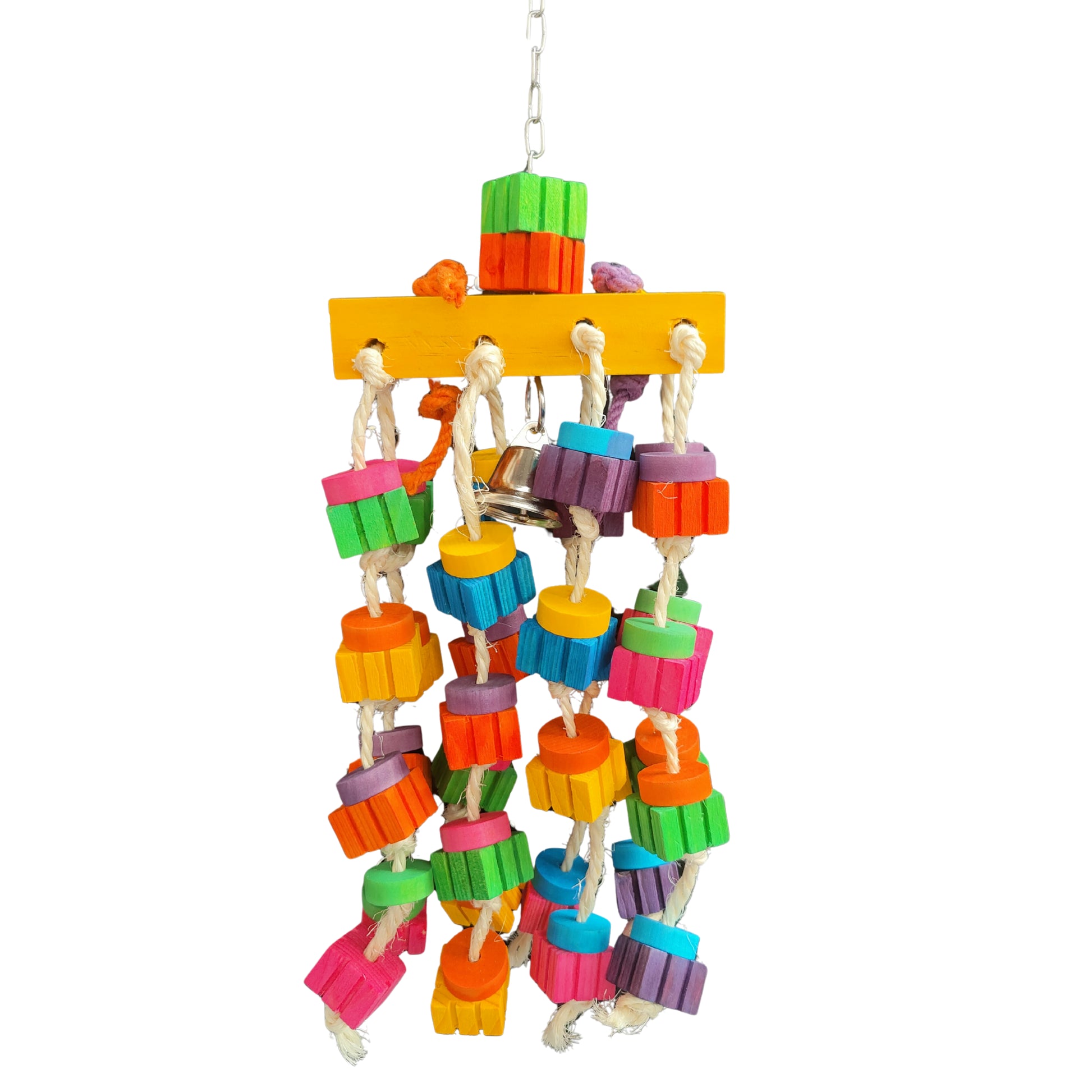 groovy blocks dangle from the wood block at the top to create this colourful bird toy