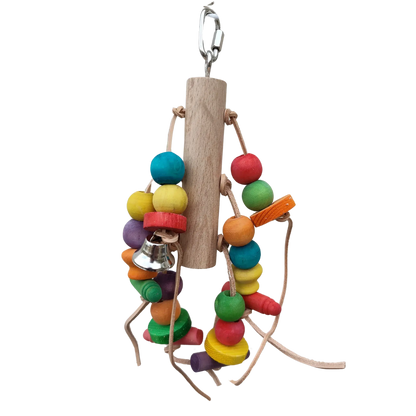 hanging log bird toy with lots of wood beads