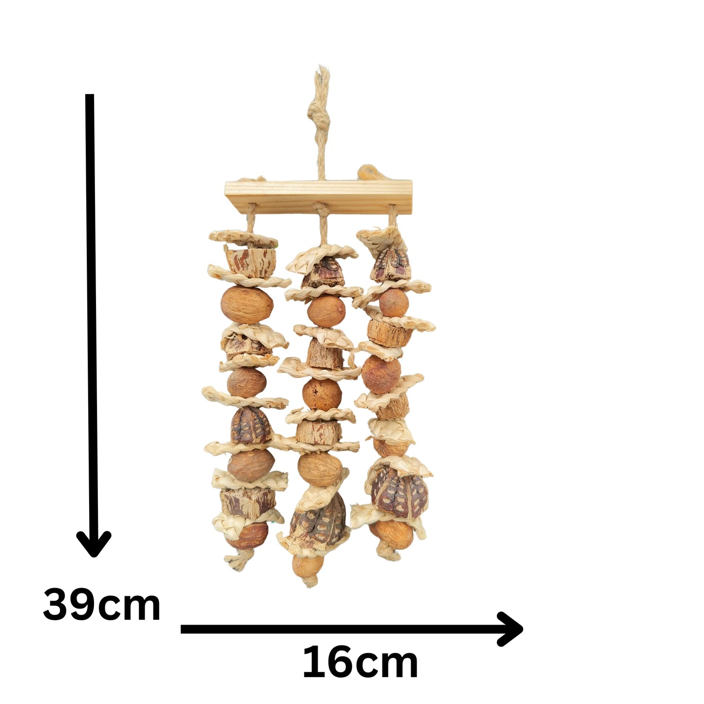 measurements of the hanging mahogony and nuts bird toy