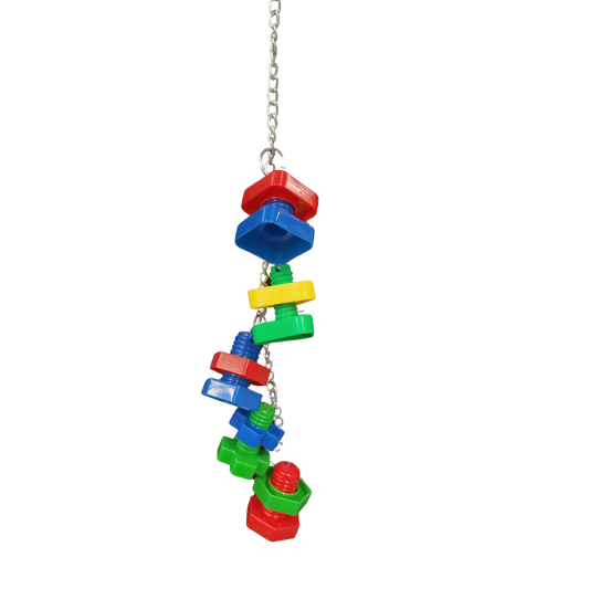 5 large plastic nuts and bolts hanging from a chain bird toy