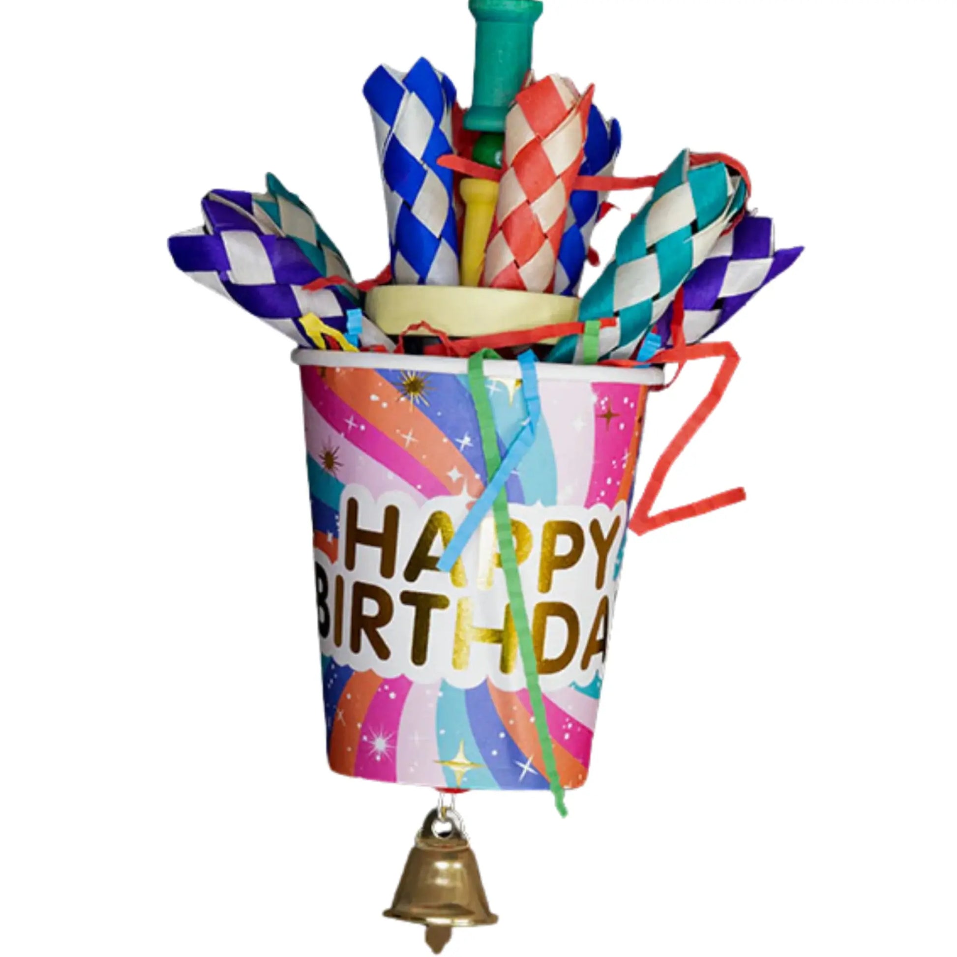 Closeup - Happy Birthday Bird Toy

Celebrate your bird’s special day with this fun paper cup toy, filled with finger traps and shredded paper. Hung on wire with a quick link and finished with a bell at the bottom. A perfect birthday surprise for small to medium-sized birds.

Size: 10 cm x 23 cm