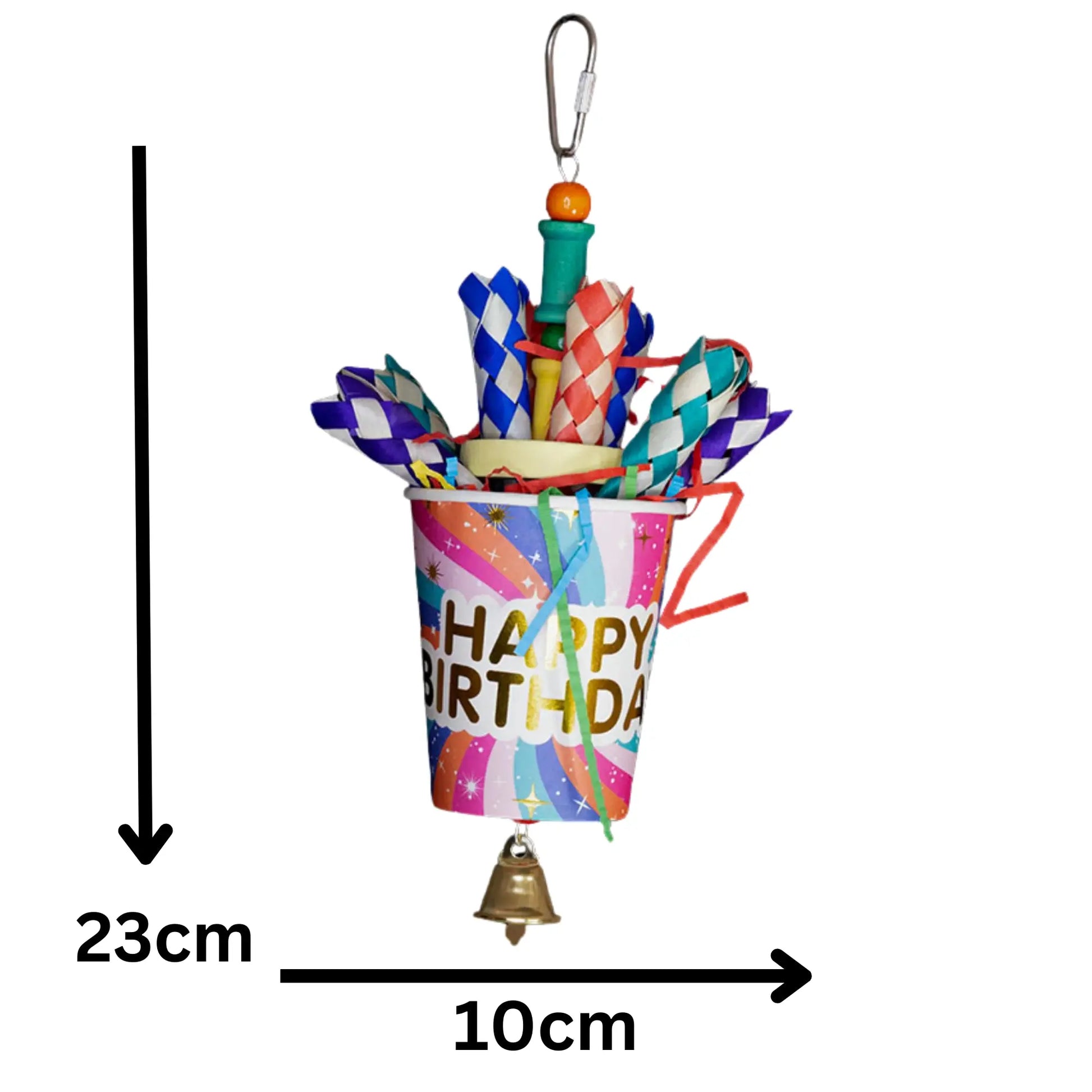 Measurements - Happy Birthday Bird Toy

Celebrate your bird’s special day with this fun paper cup toy, filled with finger traps and shredded paper. Hung on wire with a quick link and finished with a bell at the bottom. A perfect birthday surprise for small to medium-sized birds.

Size: 10 cm x 23 cm