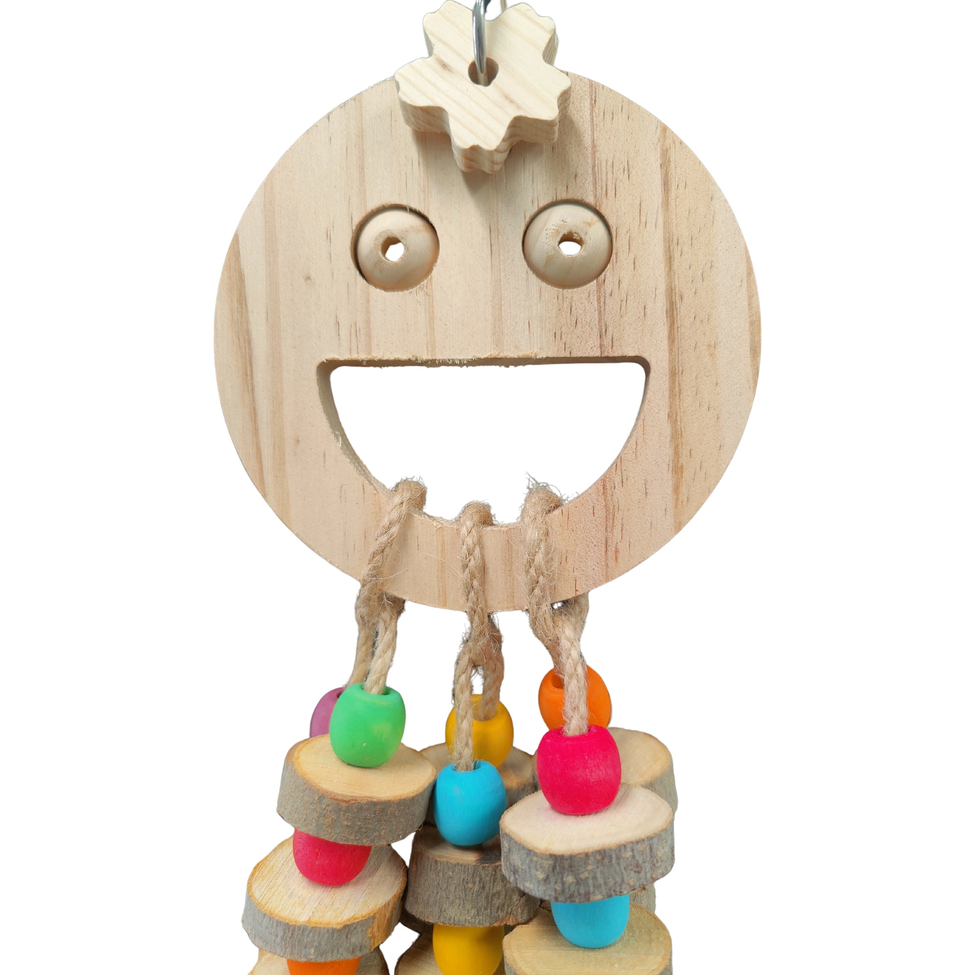 close up of the happy face bird toy