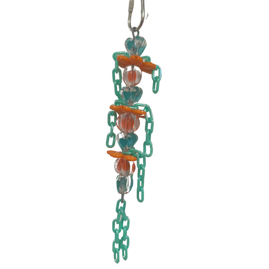 heart beads, flowers and plastic chain joined together on a wire strand to make this cute bird toy