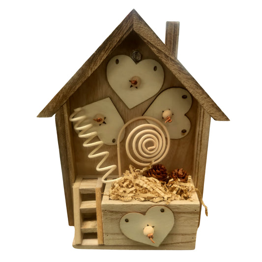 wood house with wood hearts bird toy