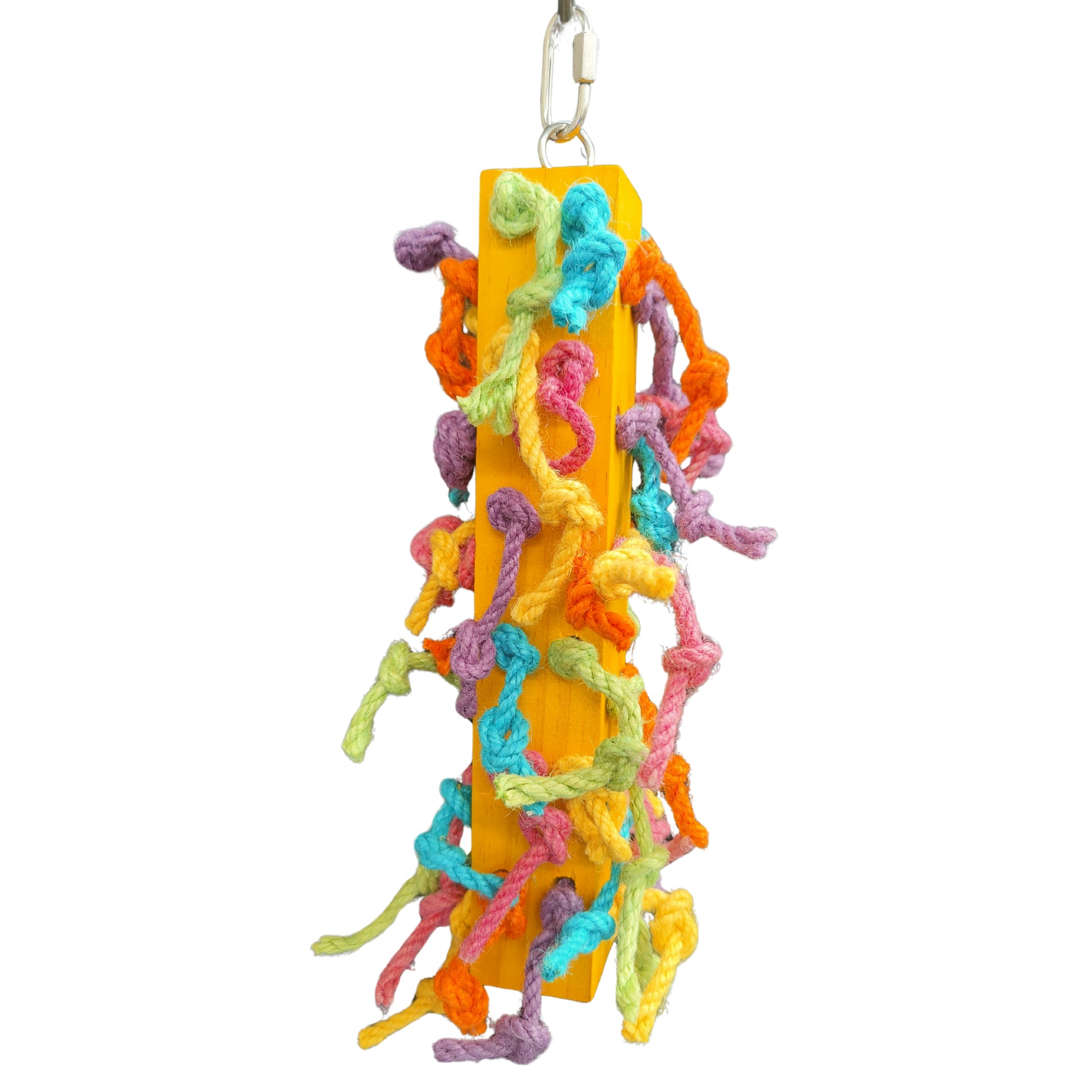 coloured block of wood with sisal rope knotted through it