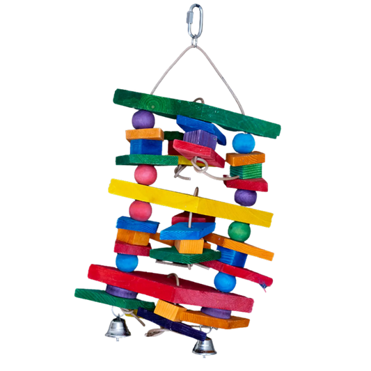 The Diamond Delight Bird Toy is the perfect combination of stimulation, durability, and fun for larger parrots. Designed with large diamond-shaped wooden blocks, colourful beads, and other uniquely shaped wooden pieces, this toy encourages chewing, climbing, and playful interaction. With two bells for added excitement, your bird will stay entertained for hours!