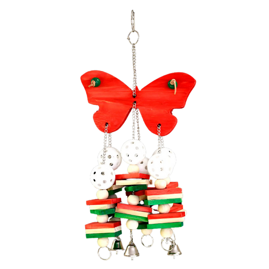 large red wooden butterfly with wiffle balls, wood slats and bells on the bottom