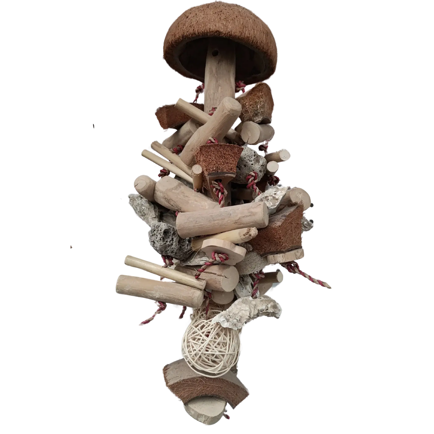 hanging log with loads of chunky natural bits with a coconut half on top bird toy