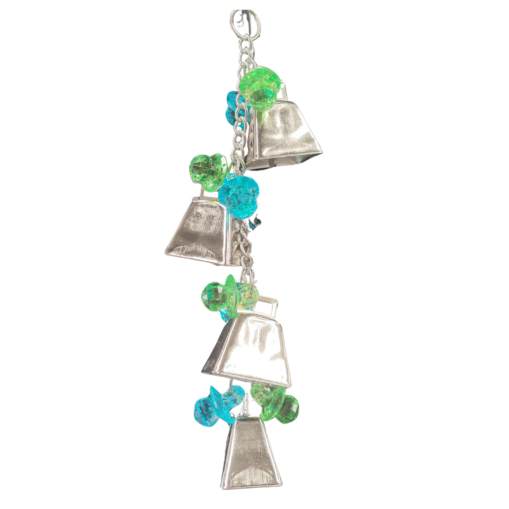 four large cow bells on a chain with diamond dummies bird toy