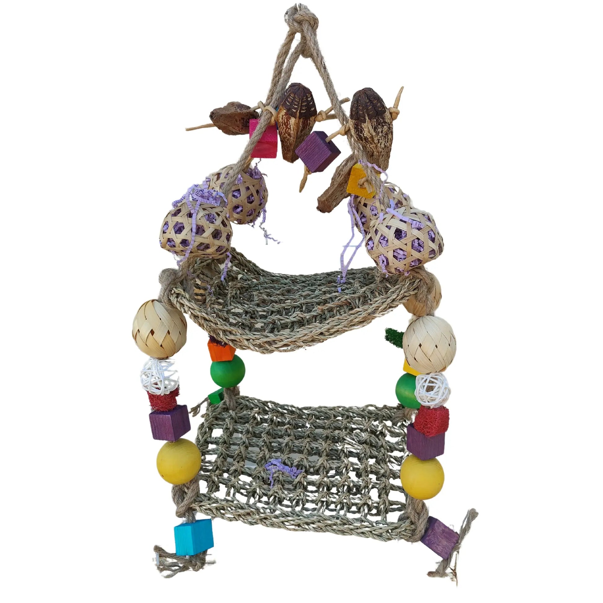 two large mats with loads of chewables made up as a double swing bird toy