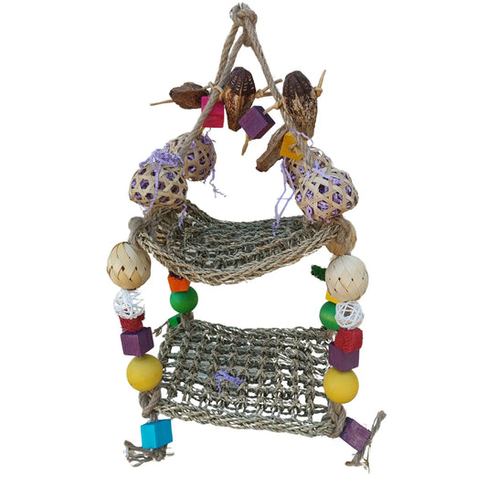 two large mats with loads of chewables made up as a double swing bird toy