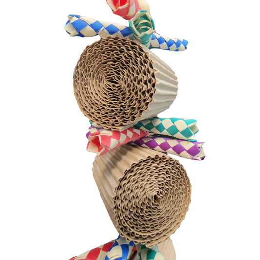 Three cardboard rolls bird toy close up