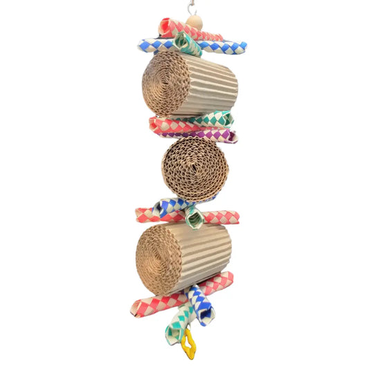 three cardbord rolls bird toy with finger traps