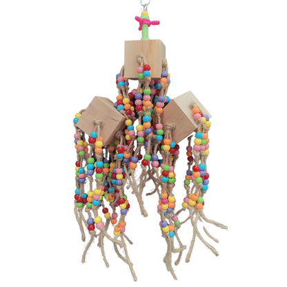 3 blocks and lots of knots and beads bird toy