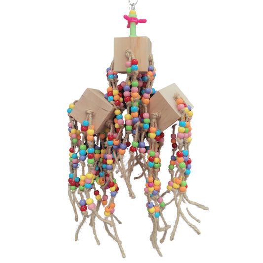 3 blocks and lots of knots and beads bird toy