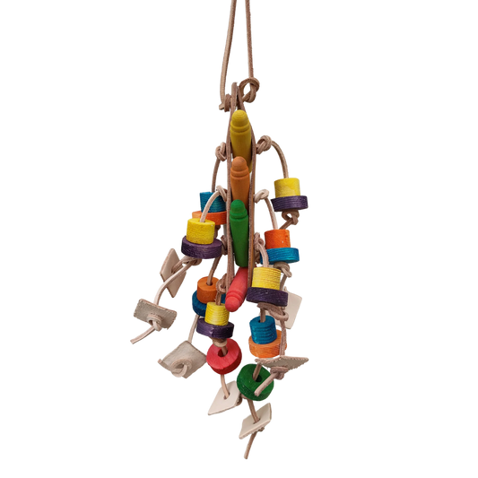 wood bullet and blocks all hung by leather bird toy
