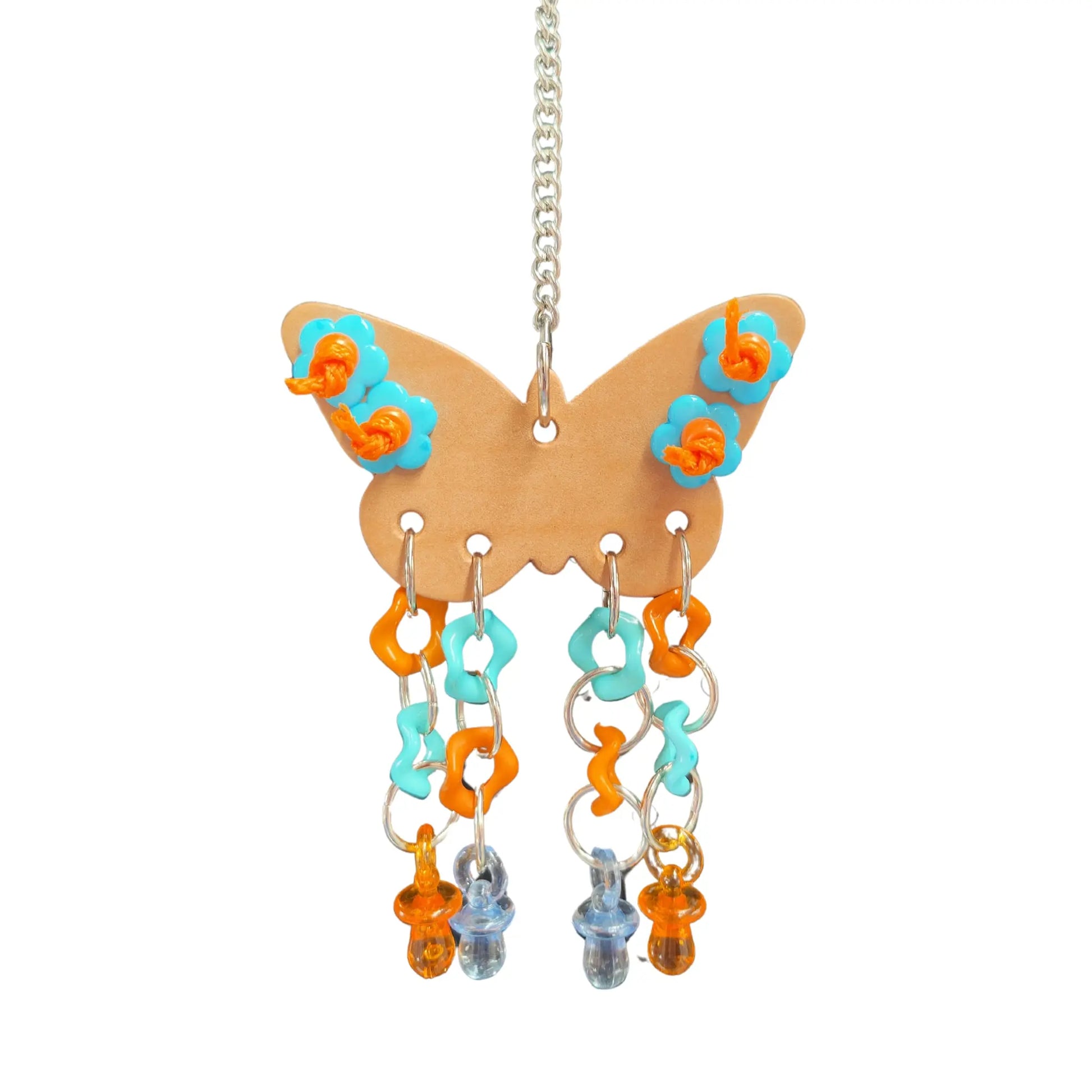 leather butterfly bird toy with hanging rings and dummies