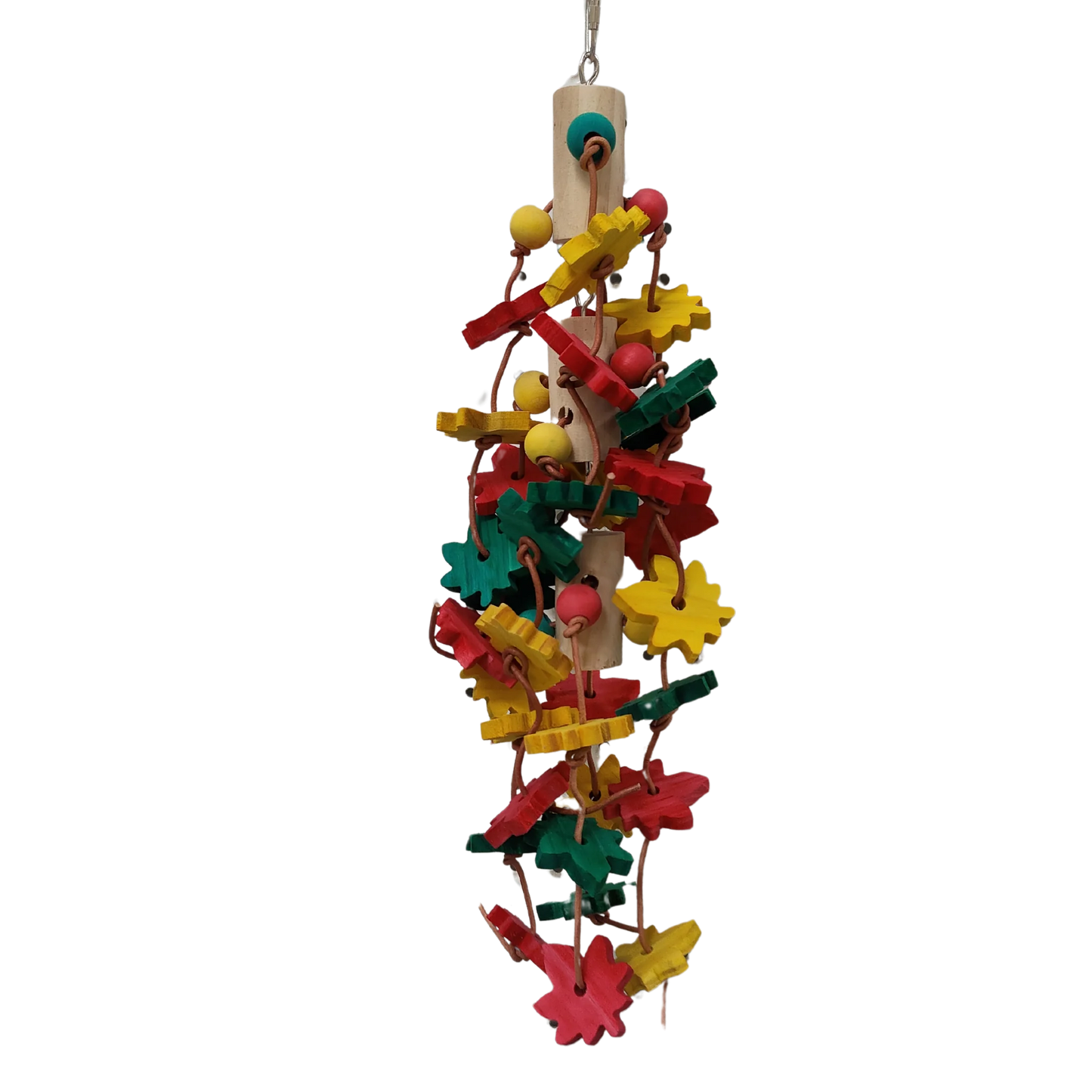 Three hanging wood blocks, with lots of coloured wood leaves threaded and knotted with leather cord. Medium to large birds love to chew wood and this bird toy will stimulate their natural chewing instinct.