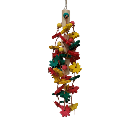 Three hanging wood blocks, with lots of coloured wood leaves threaded and knotted with leather cord. Medium to large birds love to chew wood and this bird toy will stimulate their natural chewing instinct.