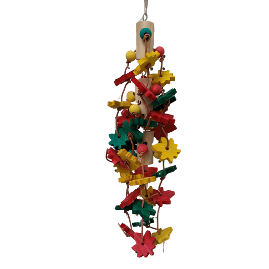 Three hanging wood blocks, with lots of coloured wood leaves threaded and knotted with leather cord. Medium to large birds love to chew wood and this bird toy will stimulate their natural chewing instinct.