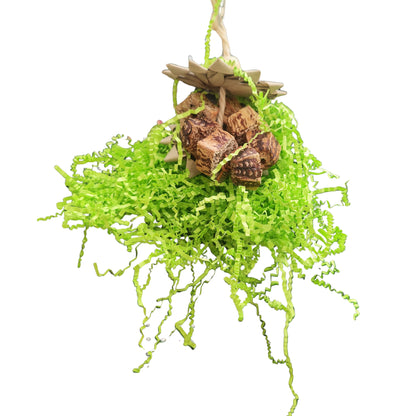 shredable bird toy consisting of mahogany pieces, palm leaves and crinkle paper