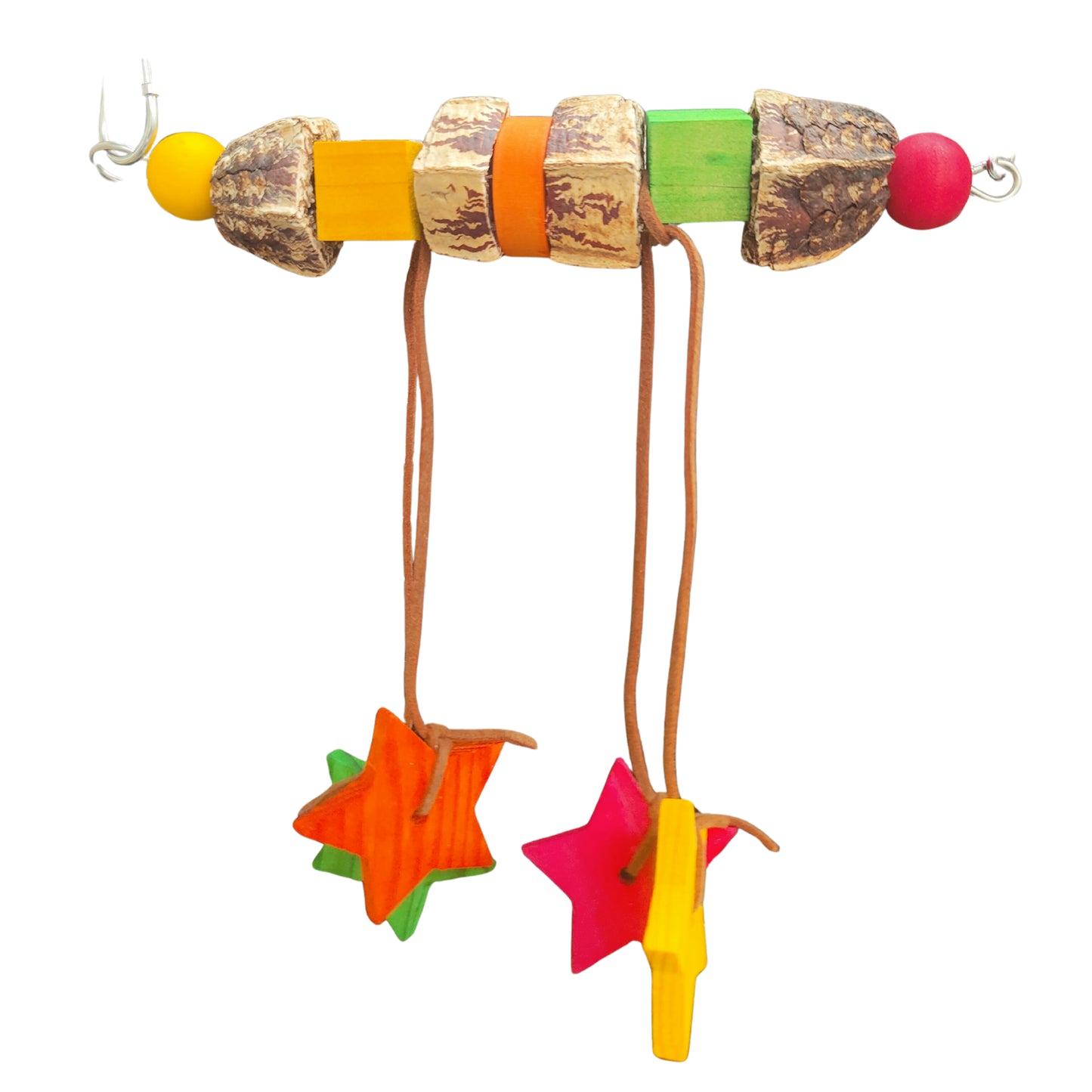 bird toy with mahogany pieces and coloured wood stars