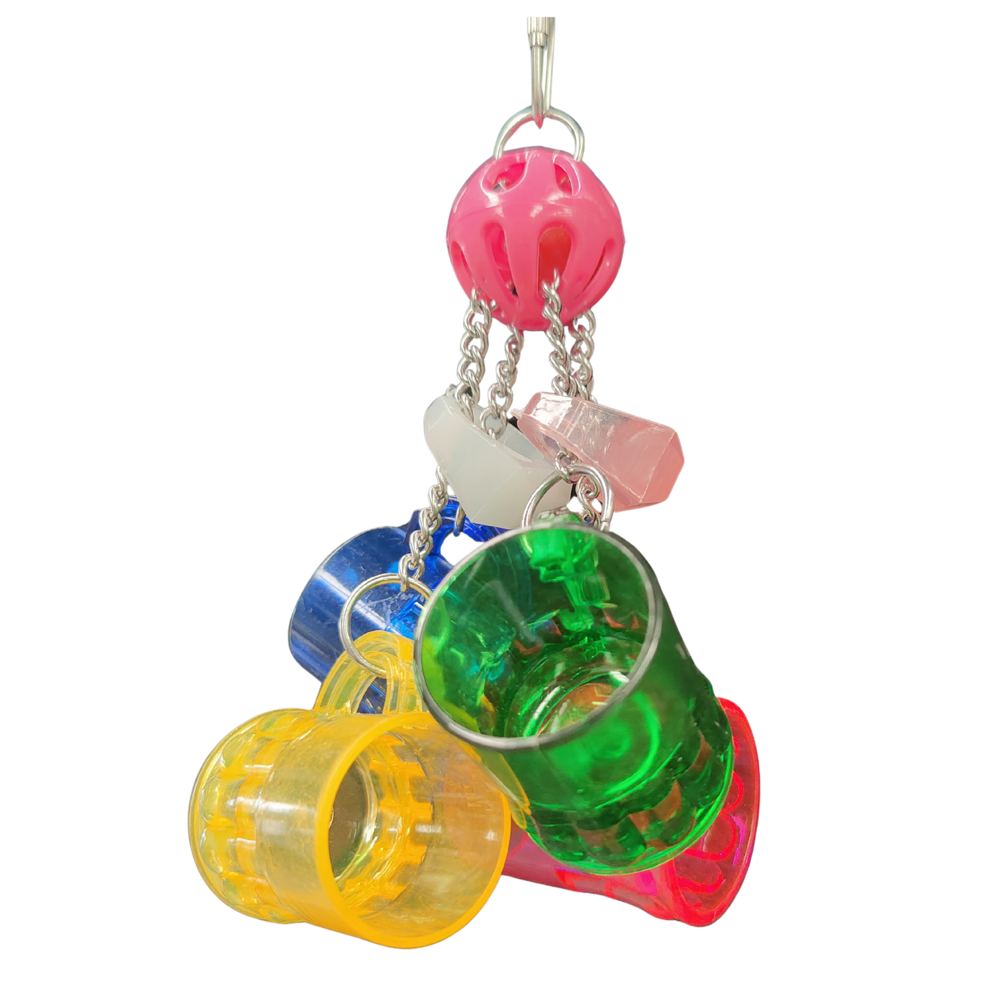 four mugs hanging from a ball bird toy