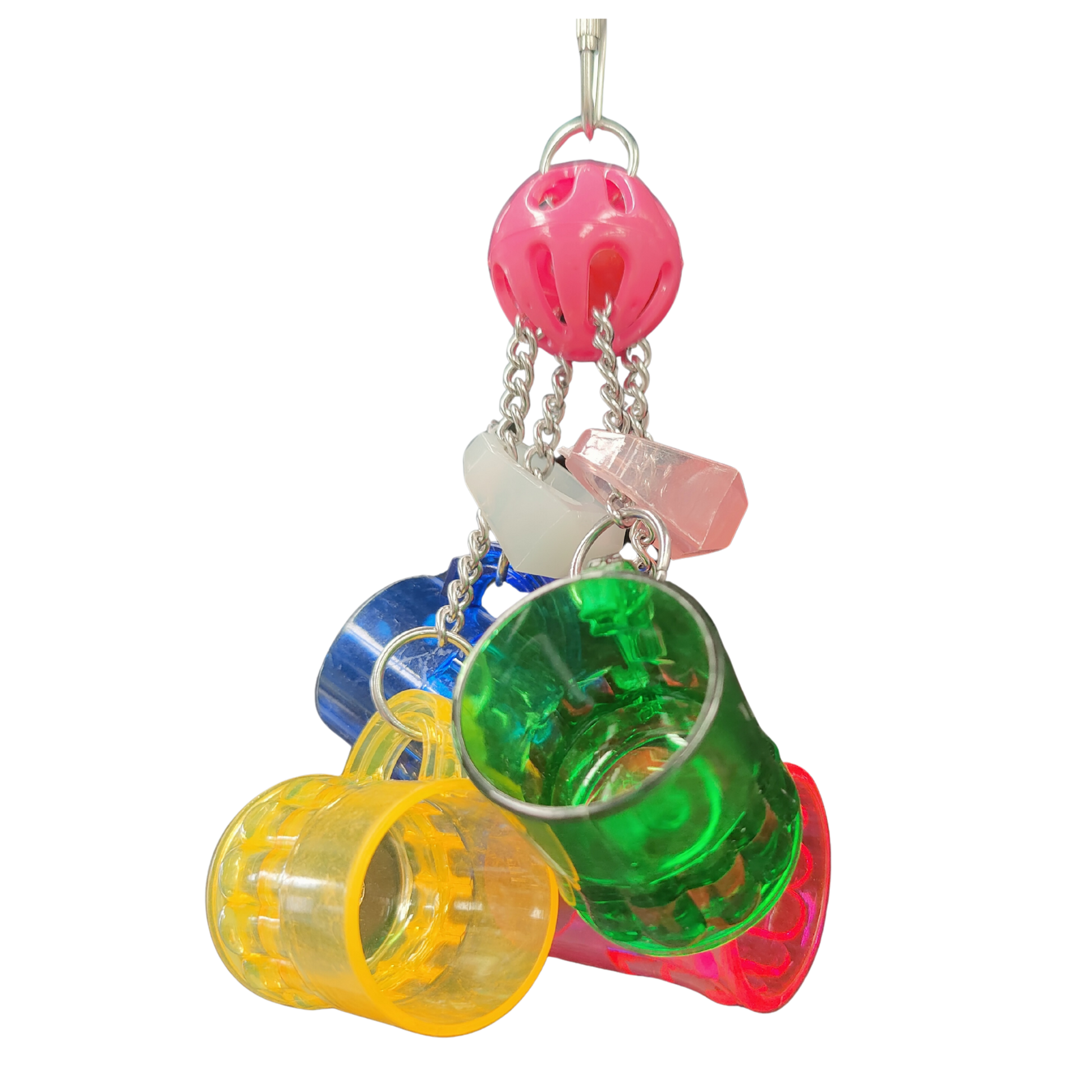four mugs hanging from a ball bird toy