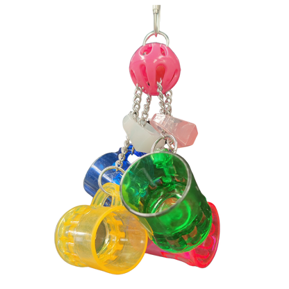 four mugs hanging from a ball bird toy