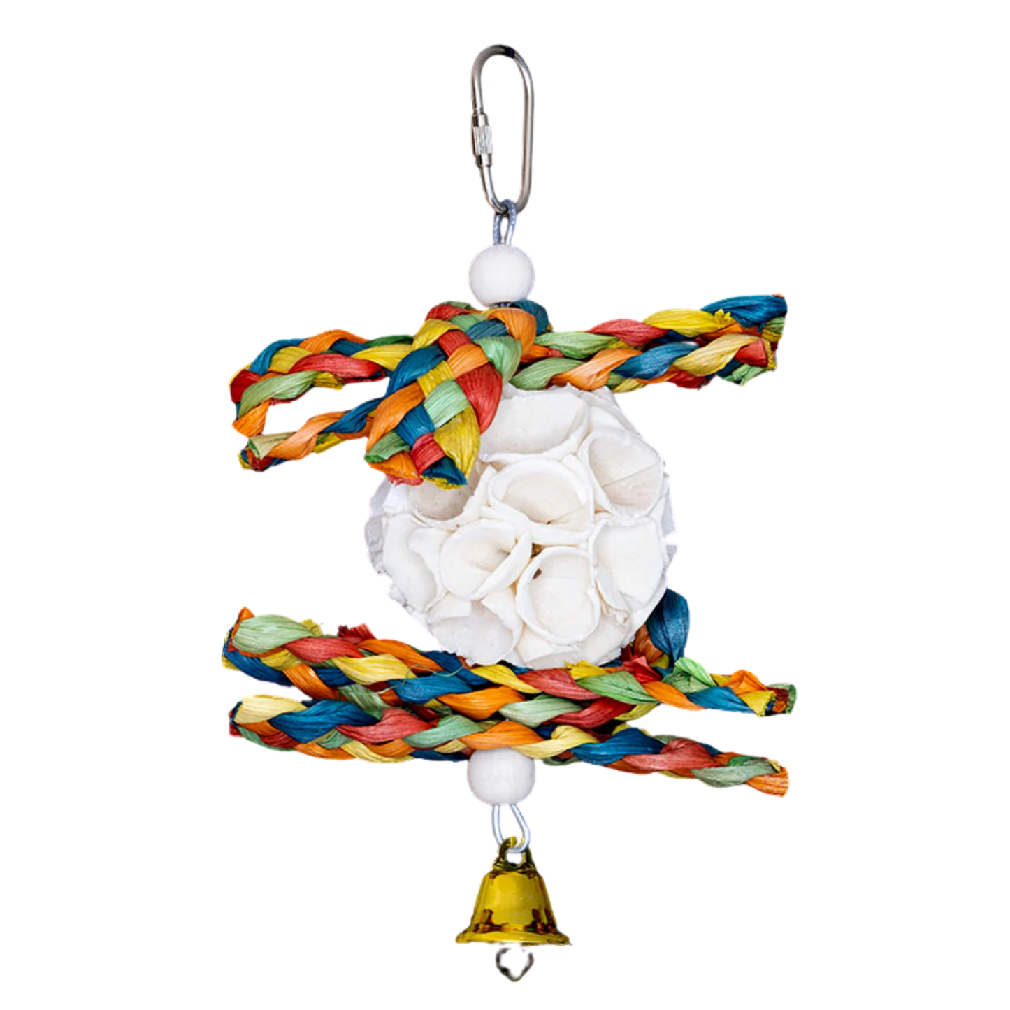 Hung from a wire the sola ball with palm leaf weave straps above and below the ball stimulates natural behaviour and provides mental stimulation for birds. Suitable for both small and medium sized birds.&nbsp; Measures: 18cm H x 10cm L