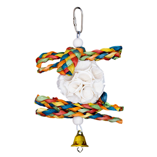 Hung from a wire the sola ball with palm leaf weave straps above and below the ball stimulates natural behaviour and provides mental stimulation for birds. Suitable for both small and medium sized birds.&nbsp; Measures: 18cm H x 10cm L