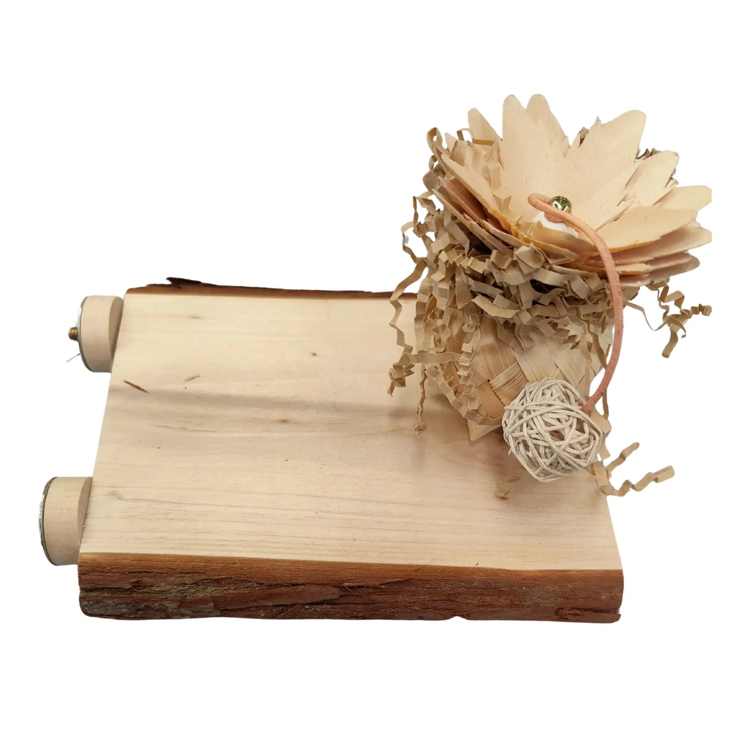 wood platform with weave ball and wood flower all natural bird toy
