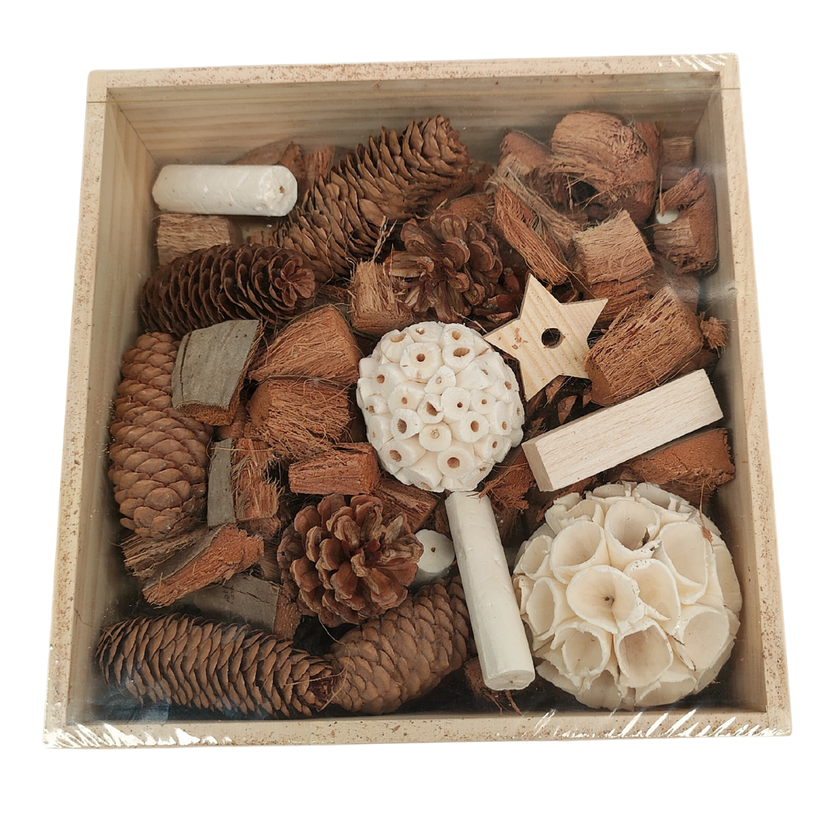 natural bits in a wood foraging box bird toy