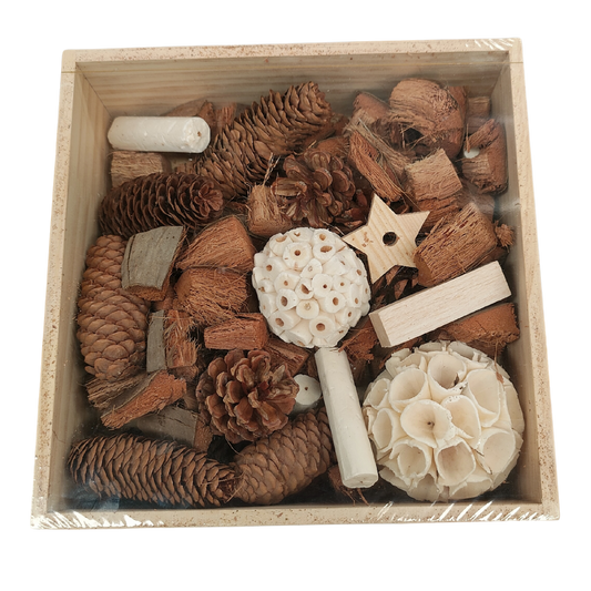 natural bits in a wood foraging box bird toy