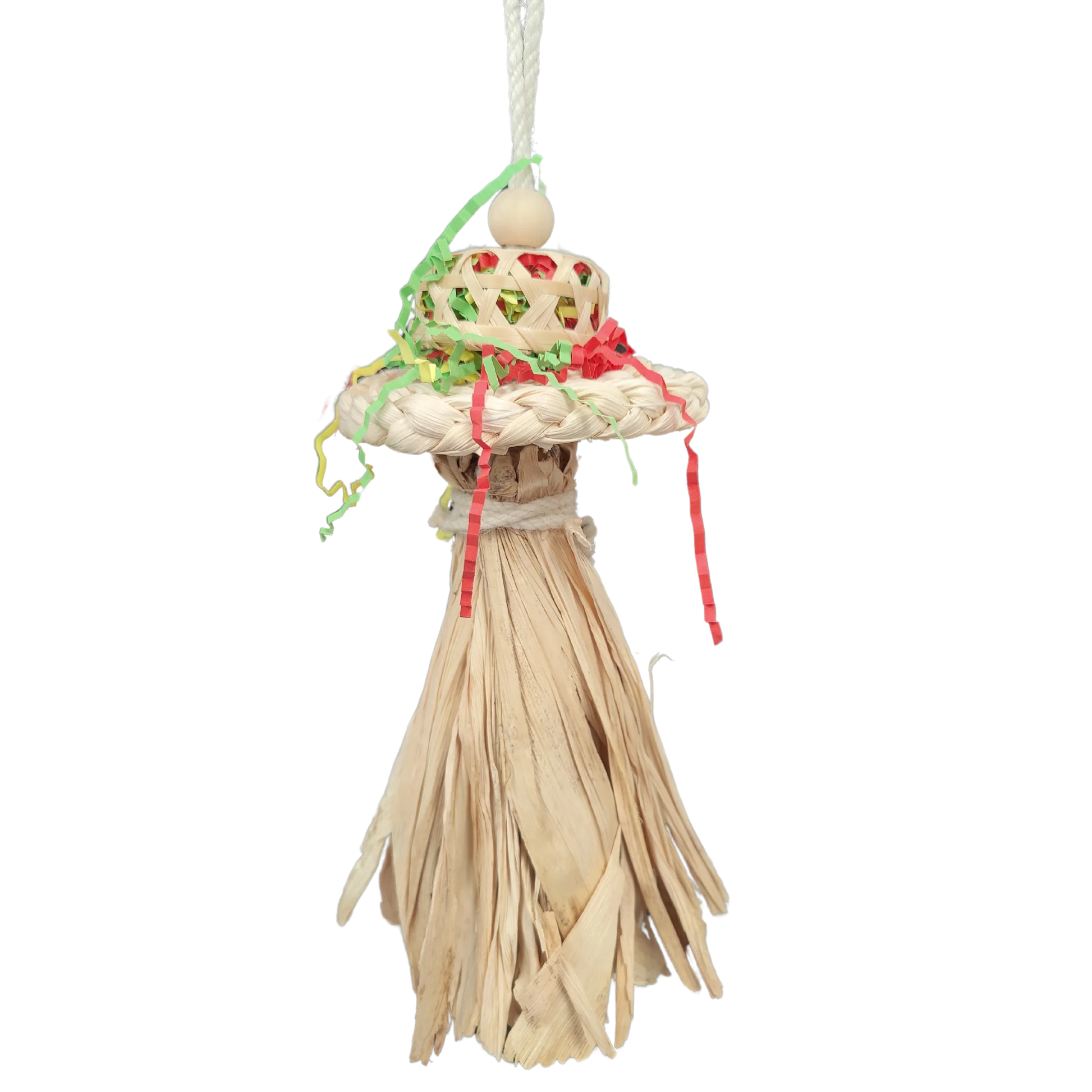 This natural and shredable bird toy features a hat and long tassels, providing endless entertainment for your feathered friend. Made from all-natural materials, it not only satisfies your bird's instinct to chew and shred, but also promotes physical and mental stimulation. Keep your bird happy and engaged with this must-have toy. Suitable for small and medium size birds. Measures 28cm H x 11cm L
