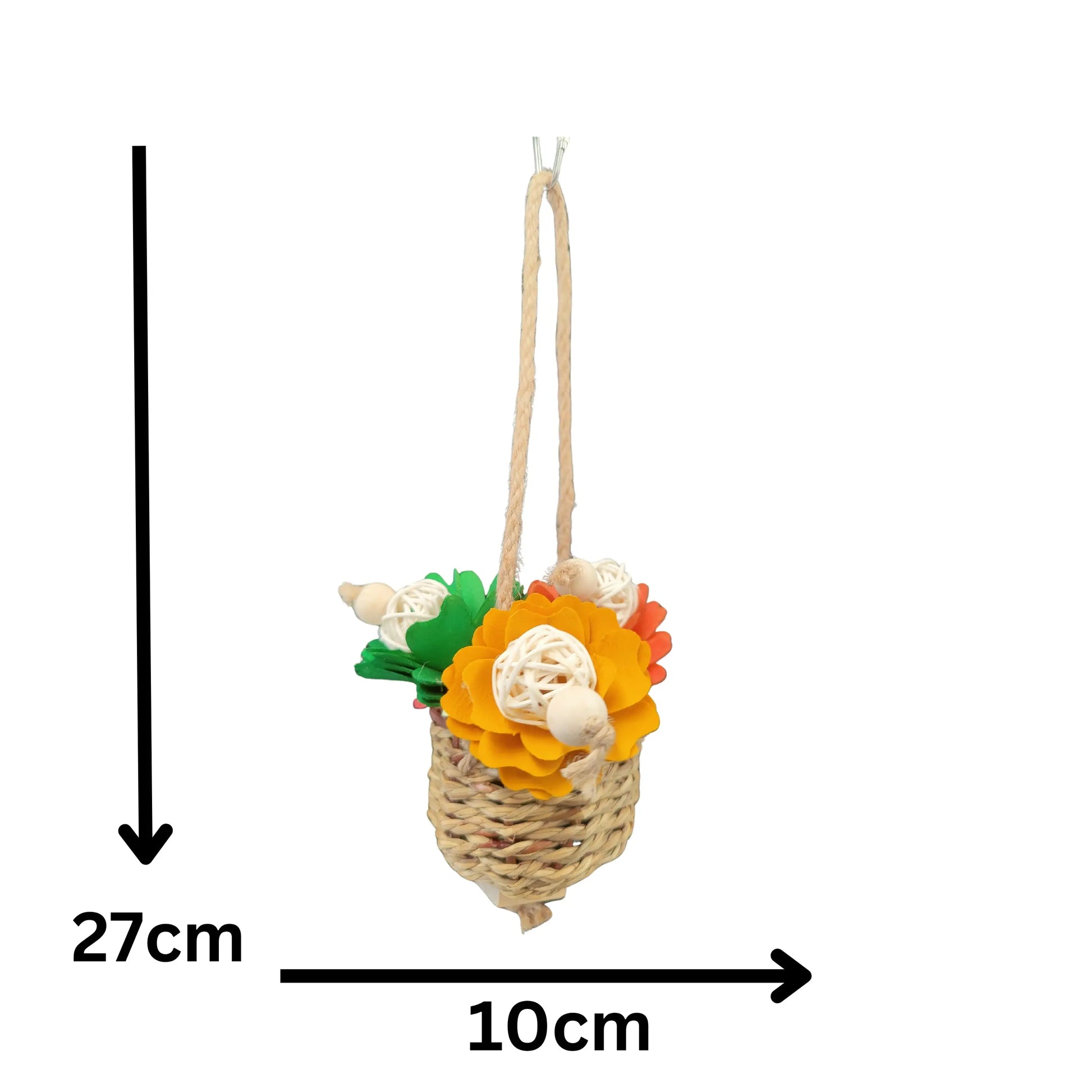 measurements of the hanging coloured nest of flowers bird toy