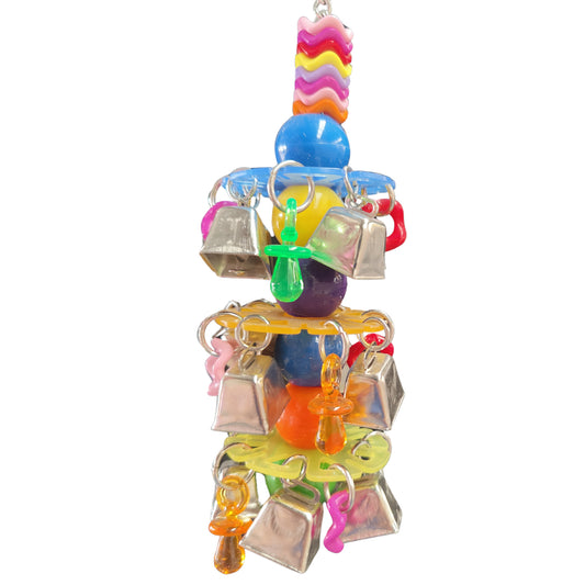 loads of bells dummies and beads for noisy fun bird toy