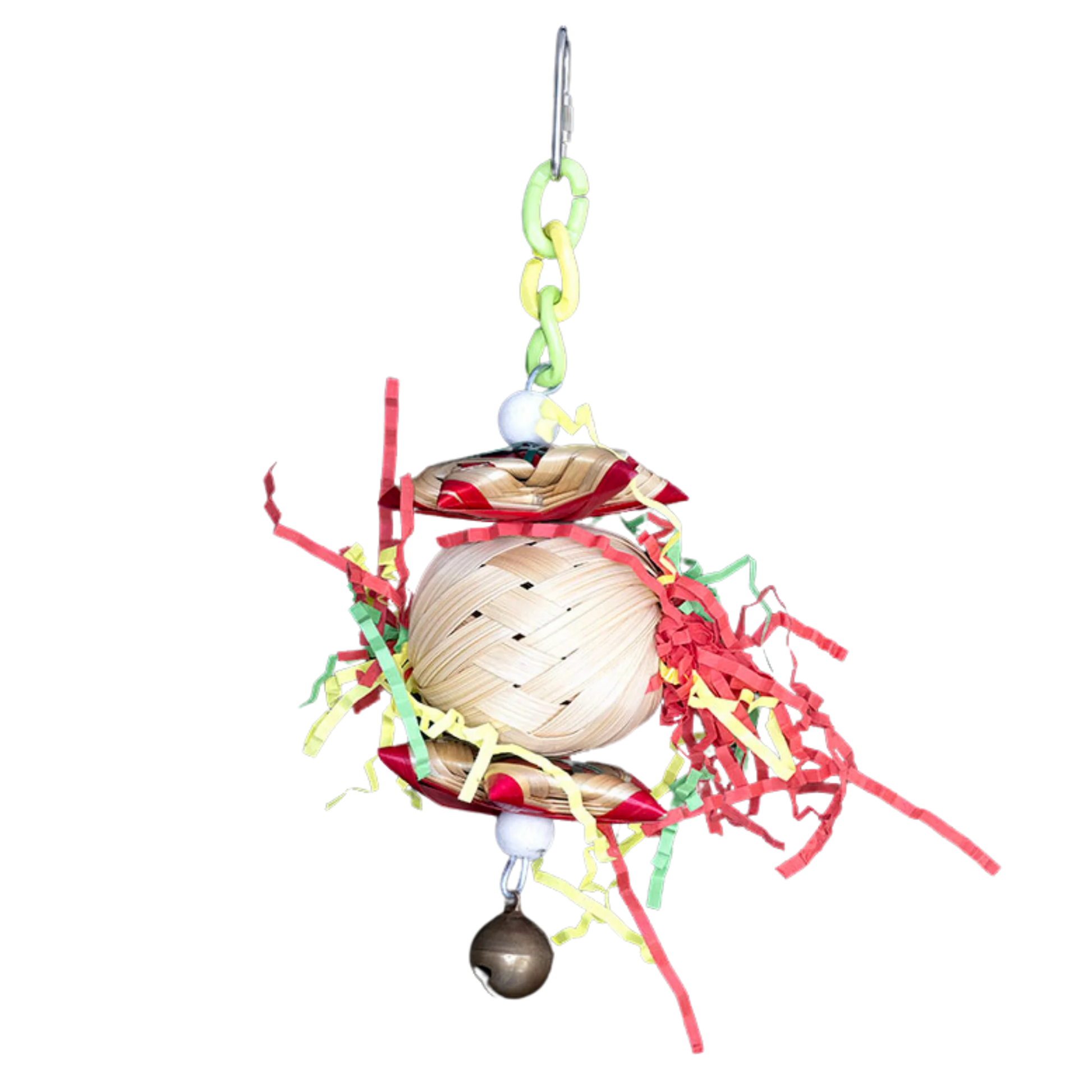 Palm Weave ball with crinkle paper, hanging from hard plastic links and a quick link. Two small palm weave parcels are an added foraging bonus for your small feathered friend. Measures: 20cm H x 10cm L