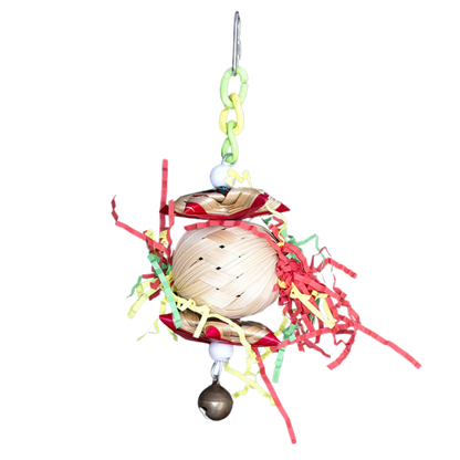 Palm Weave ball with crinkle paper, hanging from hard plastic links and a quick link. Two small palm weave parcels are an added foraging bonus for your small feathered friend. Measures: 20cm H x 10cm L