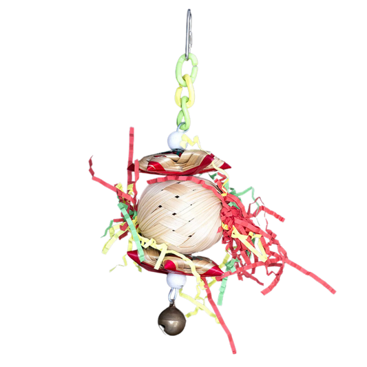Palm Weave ball with crinkle paper, hanging from hard plastic links and a quick link. Two small palm weave parcels are an added foraging bonus for your small feathered friend. Measures: 20cm H x 10cm L