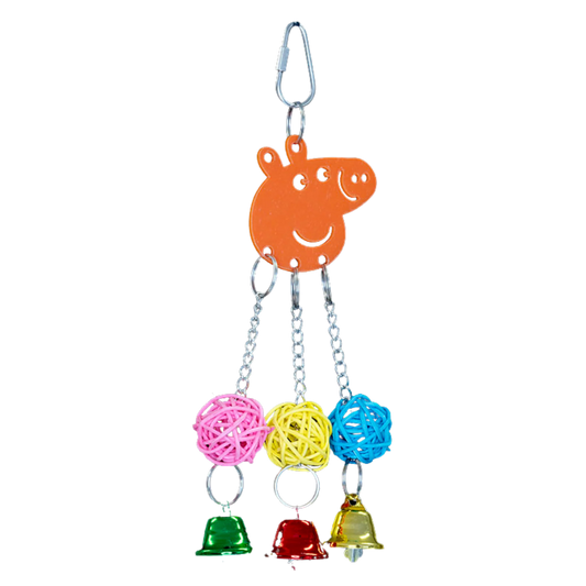 Peppa Bird Toy

A playful acrylic pig face with three colourful cane balls and bells hanging below. Perfect for small birds to chew, ring, swing, and explore. Hung with nickel-plated chains for added fun.

Size: 9 cm x 18 cm
