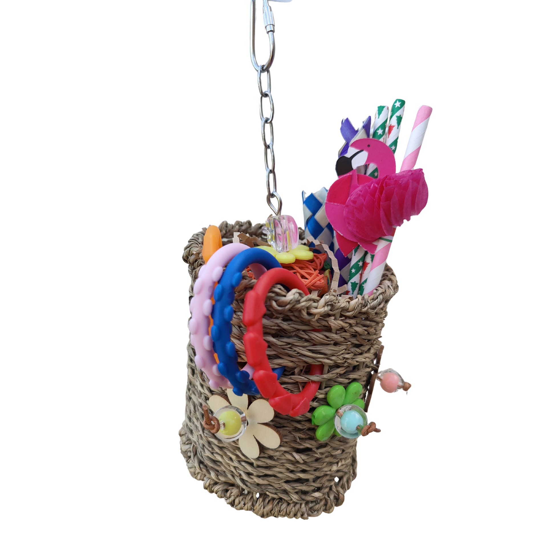 pina colada bird toy with a pink paper flamingo