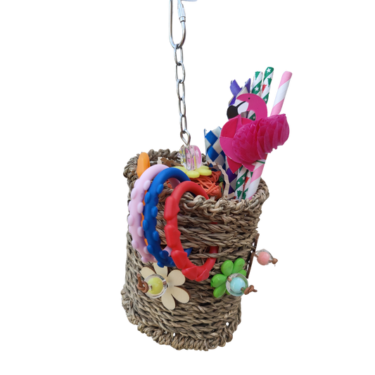 pina colada bird toy with a pink paper flamingo