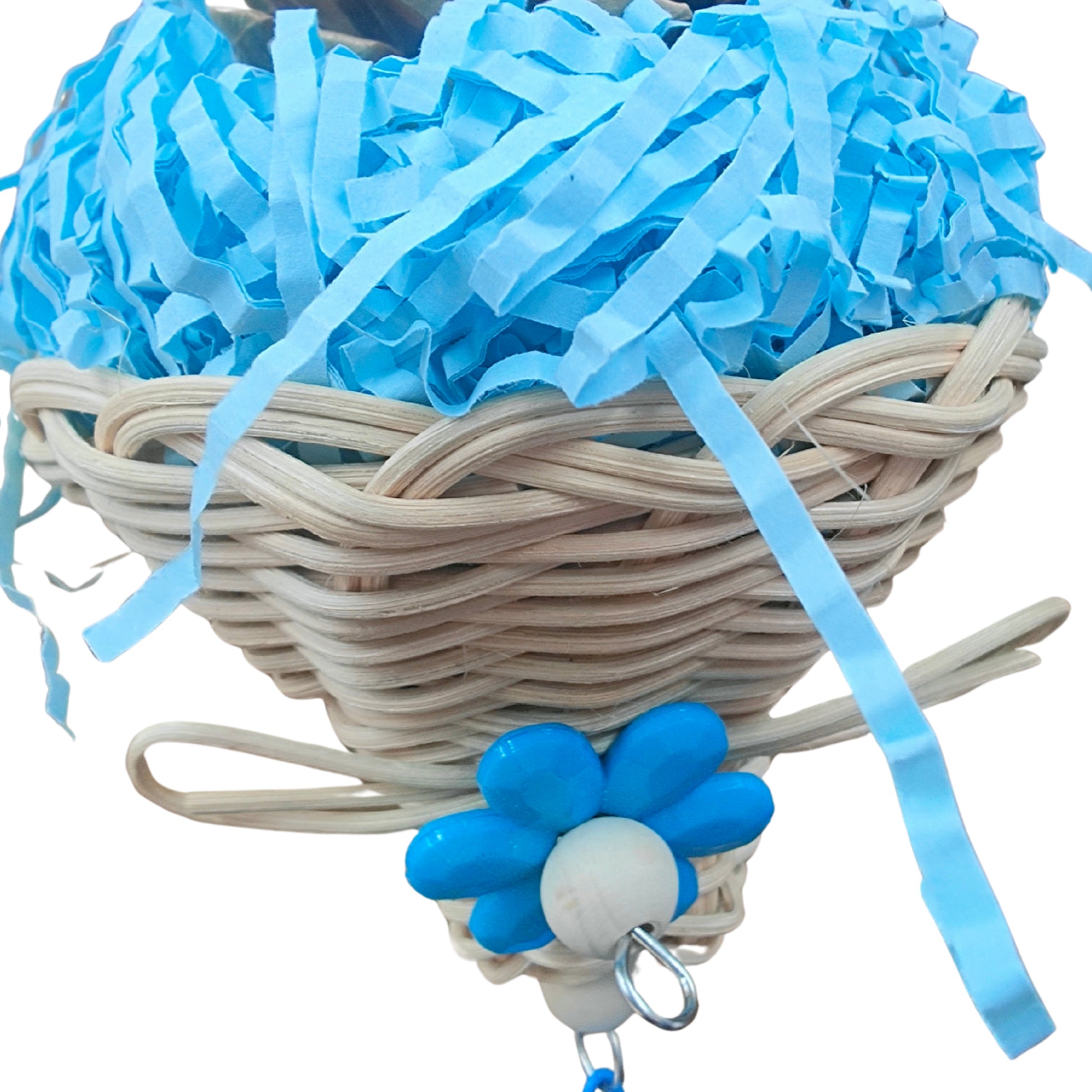 close up of the blue pine topper bird toy