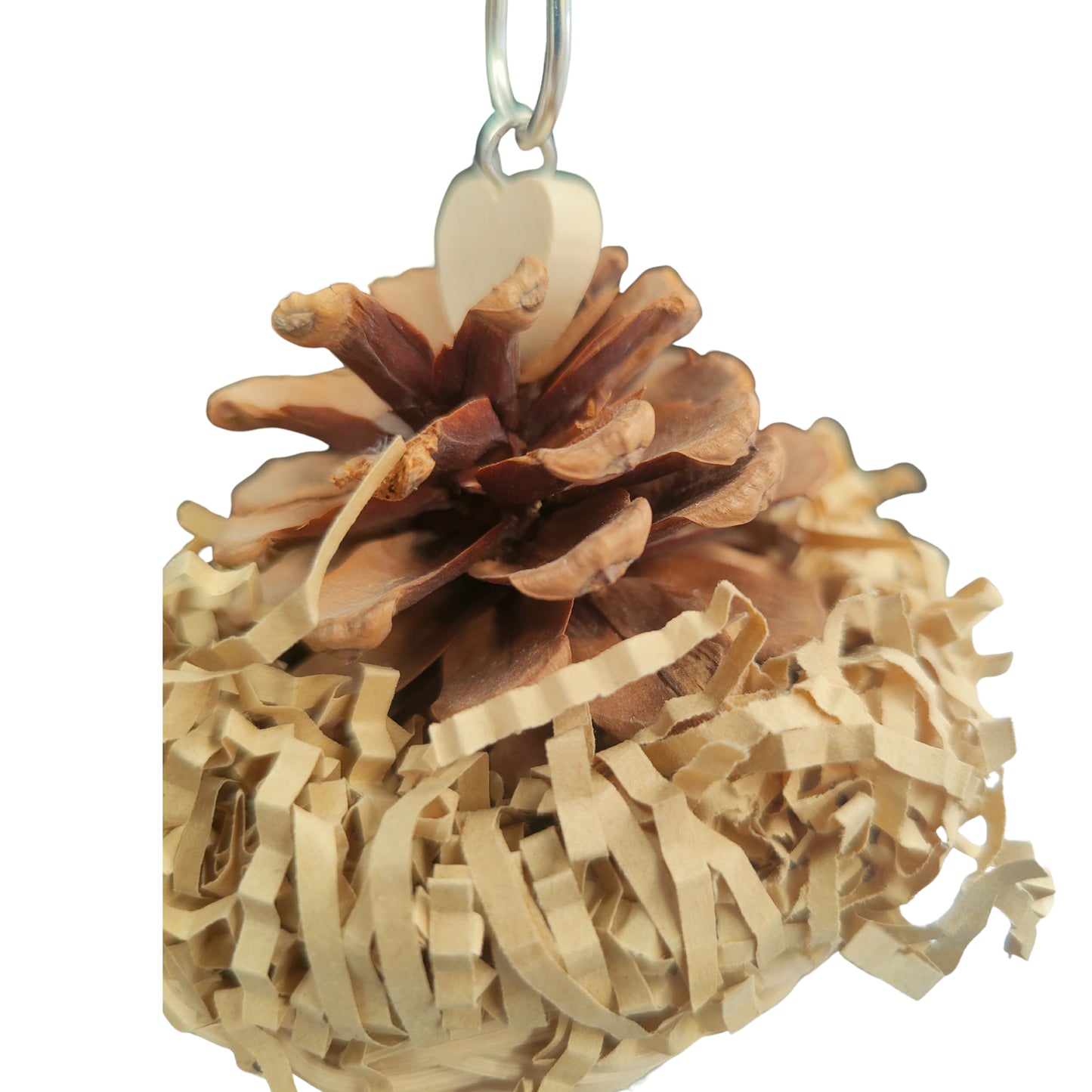 close up of the pine topper bird toy